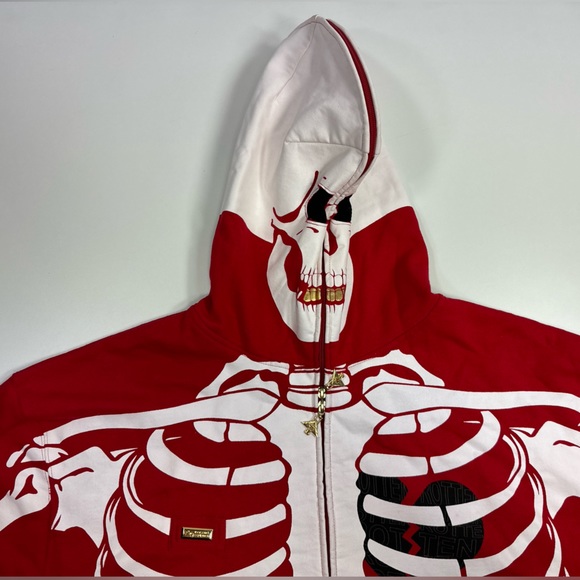 VTG LRG Dead Serious Skeleton Skull Hoodie Lifted Research Group RED YE RARE 4XL - Picture 2 of 16